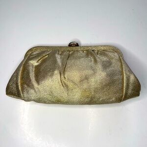 Shimmery Gold Evening Bag Purse Clutch with Rhinestone Clasp & Gold Chain Handle